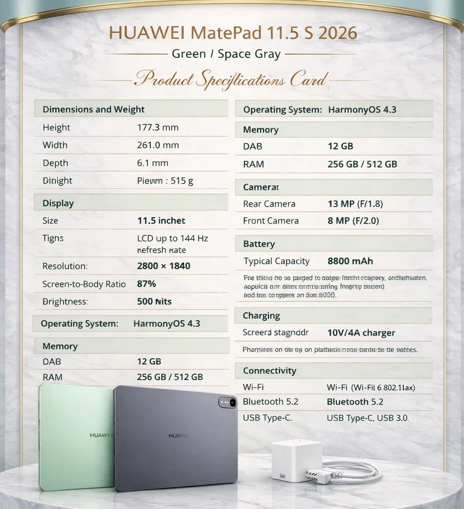 huawei metapad 11.5s 2026 product specification card
