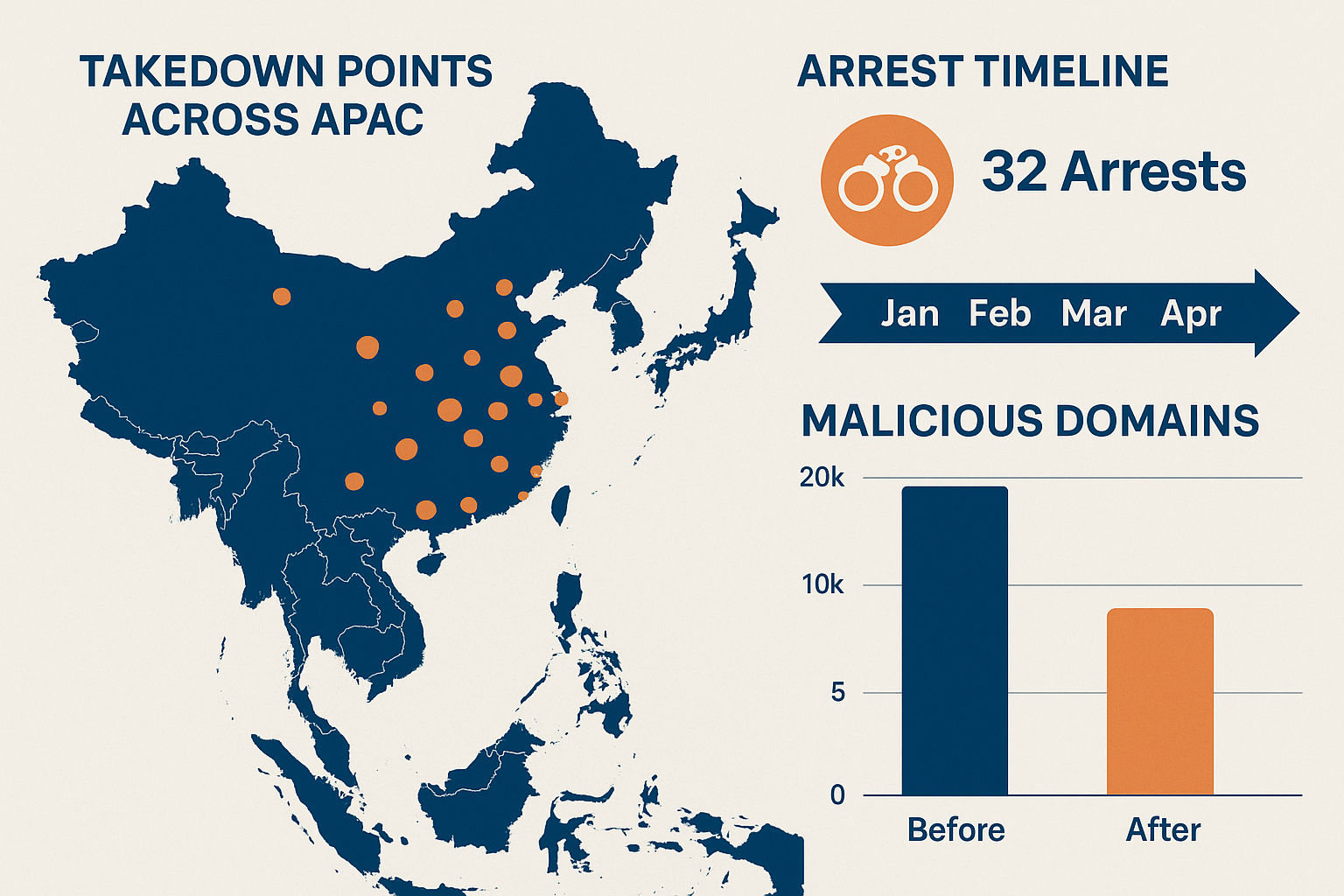 interactive maps showing the takedown points across APAC, infographic of arrest timeline, and before/after charts of malicious domain counts.