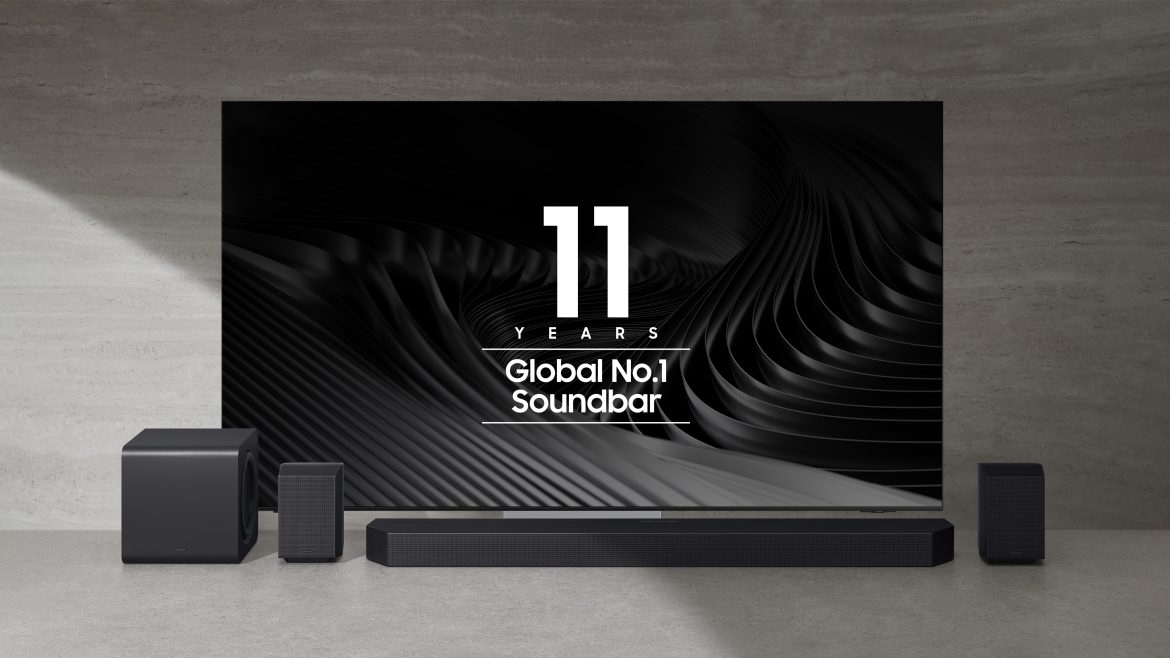 Sleek Samsung soundbar with immersive home theater setup, AI-powered sound technology 2025